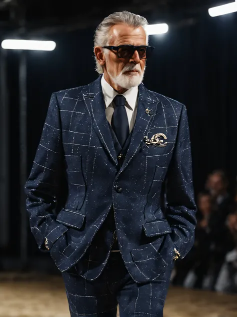 portrait of an 60-year-old man, senior model waliking fashion show, indoor, stage, (wearing a navi suit jacket:1.3) and pants, chanel, (raw:1.3), clear focus, 8k, soft-lighting, high quality, nice, professional, hyper-realist, field depth, intricate, high ...