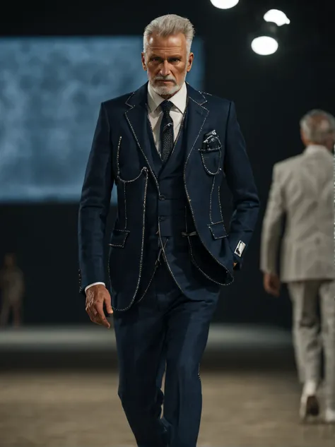 portrait of an 60-year-old man, senior model waliking fashion show, indoor, stage, (wearing a navi suit jacket:1.3) and pants, chanel, (raw:1.3), clear focus, 8k, soft-lighting, high quality, nice, professional, hyper-realist, field depth, intricate, high ...