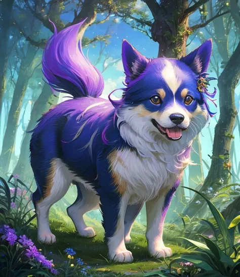 Surreal blue and purple corgi, thin body, heroic, fierce, cinema, internal glow, oil painting, detailed fur, vibrant colors, dreamlike atmosphere, otherworldly eyes, floating in the air, magical landscape, ethereal lighting, mystical aura, majestic presenc...