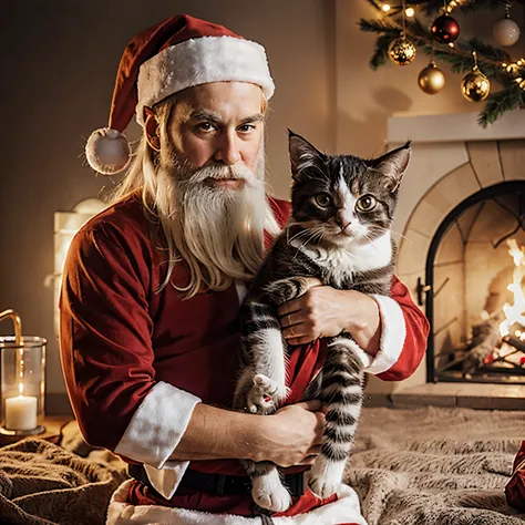 Santa Claus with a kitten on the Christmas background