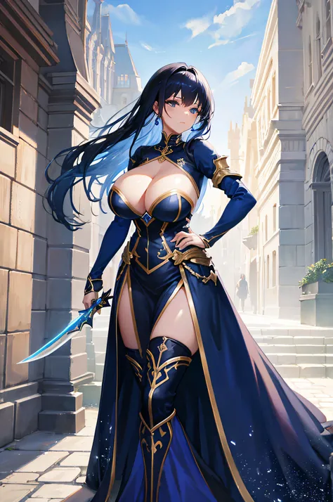 4K,hight resolution,One Woman,slightly dark blue hair,Longhaire,Colossal tits,blue and silver fantasy dress,Fantasy Armor,Big sword,courtyard