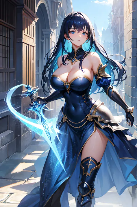 4K,hight resolution,One Woman,slightly dark blue hair,Longhaire,large full breasts,Blue and silver dress,Fantasy Armor,Big sword,courtyard