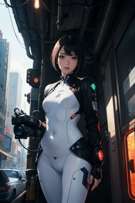 anime girl in white lingersuit standing next to a camera, inspired by Masamune Shirow, anime mecha aesthetic, by Masamune Shirow, ghost in the shell art style, cyberpunk anime girl mech, by Krenz Cushart, ghost in the shell style, anime robotic mixed with ...