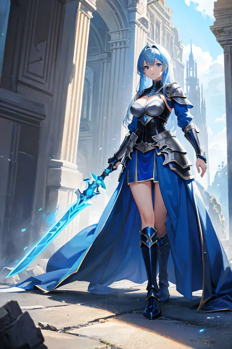 4K,hight resolution,One Woman,Blue hair,Longhaire,Blue and silver dress,Fantasy Armor,blue and silver long boots,Big sword,Ancient ruins,blue-sky