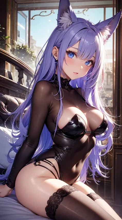 High quality, masterpiece, ultra-detailed, 1girl, black transparent bodystocking, naked breasts, peaceful expression, long pink hair, enchanting blue eyes, fox ears, ridiculously large breasts, grabbing own breast, bedroom