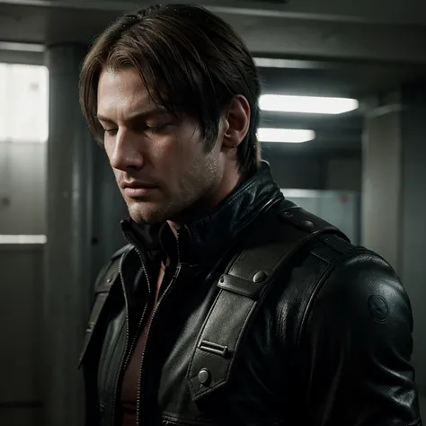 Leon scott kennedy (resident evil 6) [head slight back] [eyes closed] [slightly in pain] [sexy] [resident evil 6 outfit] [face stubble] [slightly panting]