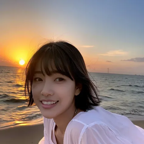 An ultra-high picture quality、Perfect Photo、18yo woman、Sunset、put out ones forehead、a short bob、A dark-haired、the wind、Eye of the cut、Narrow-eyed、Plump lips、large mouth、thick lips、Duck mouth、Pointed mouth、smil、lower back、