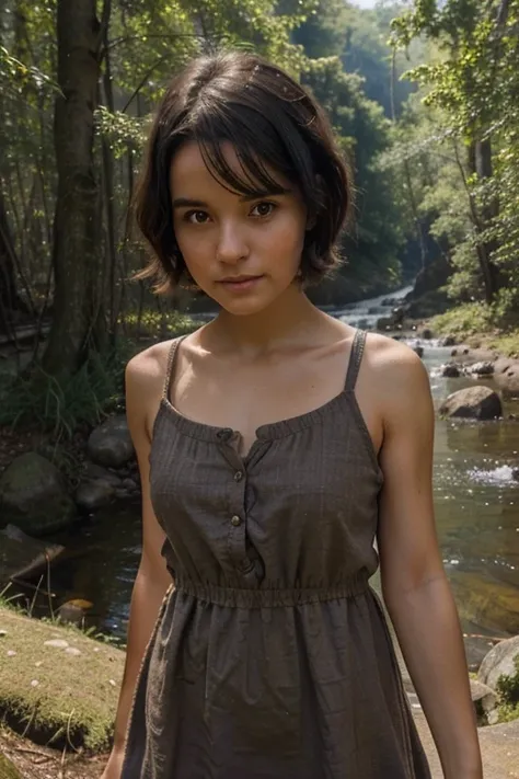 a cute girl with short, dark hair, wearing a short, simple, sleeveless dark brown crudely woven sack dress, outdoors, in the forest, mountains, streams, sunshine, clouds, god rays, with an ethereal, heavenly glow around her, a miracle, a divine representat...