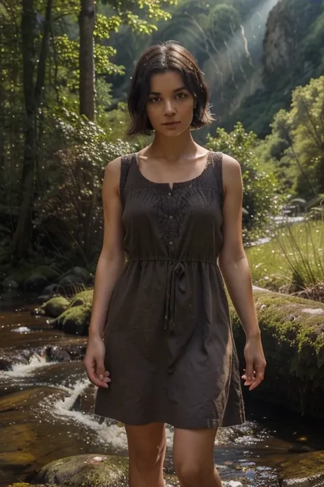 a cute girl with short, dark hair, wearing a short, simple, sleeveless dark brown crudely woven sack dress, outdoors, in the forest, mountains, streams, sunshine, clouds, god rays, with an ethereal, heavenly glow around her, a miracle, a divine representat...