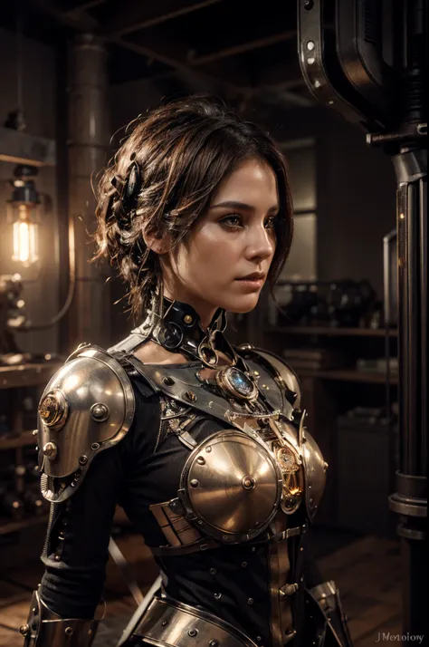 Develop a steampunk-inspired robotic character with intricate details and elegant aesthetics using Midjourney AI. Utilize moody lighting, optical fiber effects, and studio lighting for a compelling and dramatic portrayal.