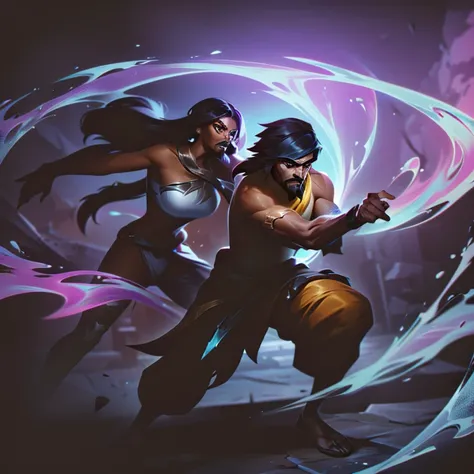 league of legends splash art style, woman with brown skin and short black hair, oversized hoodie, and man with shoulder length hair with full beard and mustache, both of them fighting in dynamic pose