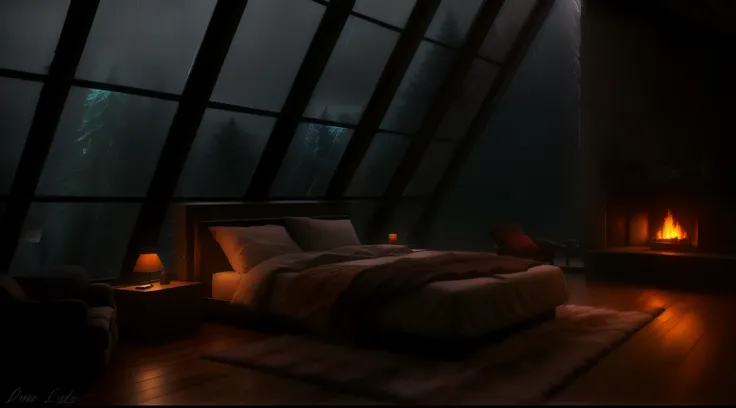 arafed bedroom with a fireplace and a large window overlooking the ocean, dark bedroom, dimly lit bedroom, cyberpunk bedroom at night, rain aesthetic, rainy night, large windows to forest at night, cozy atmospheric, cozy bed, cozy room, dimly light room, c...