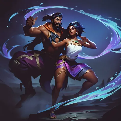 league of legends splash art style, cute woman with brown skin and short black hair and oversized hoodie, and man with shoulder ...