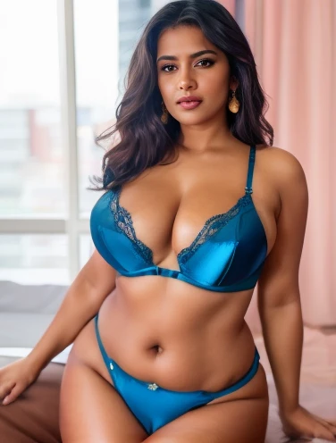 um close up de uma mulher em uma lingerie azul posando para uma foto, Lingerie azul brilhante brilhante, curvas femininas atrativas, curvas atrativas, vestido de azul, olhar sexy, bem dotado, corpo voluptuoso, voluptuoso, curvy model, with beautiful exotic...