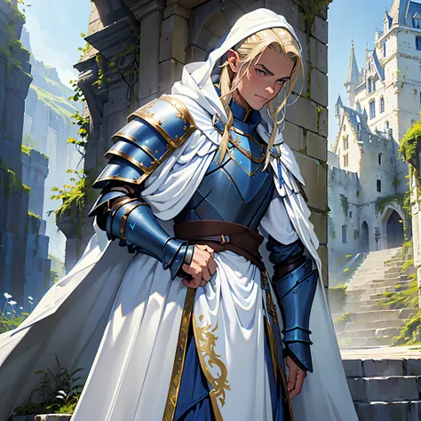 ​masterpiece, Best Quality, 4k, Very detailed, 1 person(((waist up))), Background with:In front of the stairs of a medieval castle built into a cliff, Man with a, (((((Blue armor and white cloak))))), ((Gold decoration)), face:((legolas))