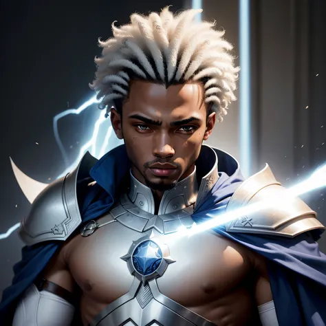 Man in white hero armor and a blue cape, Riyahd Cassiem, foto do perfil: head shoot, Mohamed Chahin, taken in the early 2020s, foto em estilo de Tyler Mitchell, Adrien Girod, jordan lamarre - wan, East African man with short, cabelos brancos cacheados , Da...