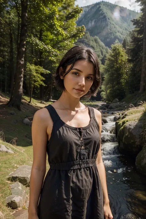 cute girl with short, dark hair, wearing a short, simple, sleeveless dark brown crudely woven sack dress, outdoors, in the forest, mountains, streams, sunshine, clouds, god rays, looking at the camera