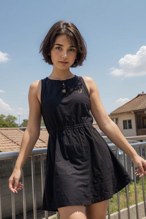 colorful bright celestial background, cute girl with short, dark hair, wearing a short, simple, sleeveless dark brown crudely woven sack dress, looking at the camera