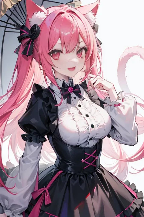 (masutepiece, Best Quality, High resolution: 1.2), 1 girl, Solo, double tails, has big pink eyes, Upper body, Gothic lolita, Pink hair, Cat ears，thunder，Style ArtGerm, Full Body Detail 4K，Devilish smile with wide open mouth，And its detailed full-body detai...