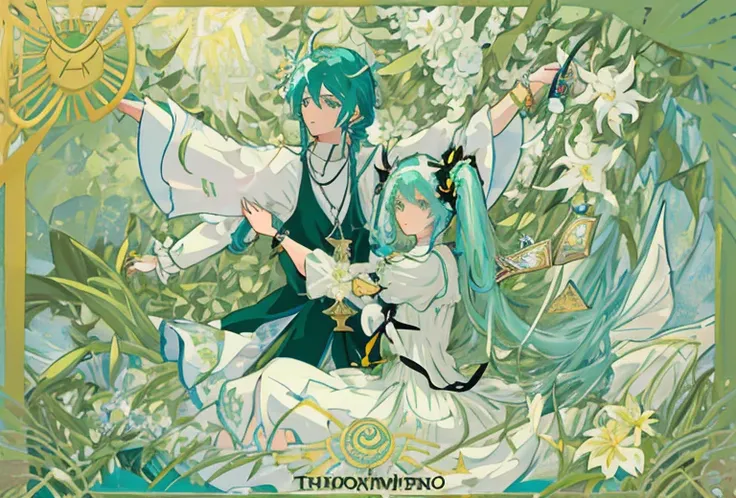 hatsune miku, Blue hair, 
tmasterpiece、topquality、Alphonse Mucha、Jugendstil、 (Tarot card style:1.3)、Unique Tarot Card Structure, including bangs with floral and green element、Long hair with pink double ponytails,,,、Upper torso、looking at the viewers、 In th...