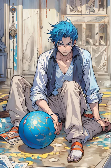 (obra-prima, melhor qualidade: 1.2),a close-up of a man sitting on the floor with a ball, an epic anime of tuff luck, artbook oficial, sangue azul, luz azul, ciborgue azul, Capa azul, brilho azul, ((azul)), azul , estilo anime", blue head, blue steel, blea...