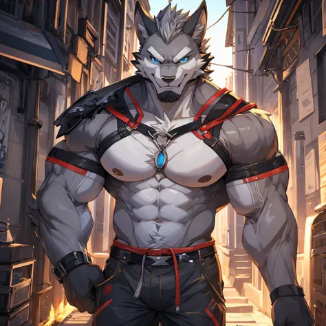 Masterpiece, Solo, Furry Gray Dragon, Adult, Gray Fur, Blue Eyes, Gray Short Hair, Very Muscular Body, Hard Muscle, Veins in the muscle, Good Looking, Handsome, Fierce, shirtless, Short Pants, Hot Pose