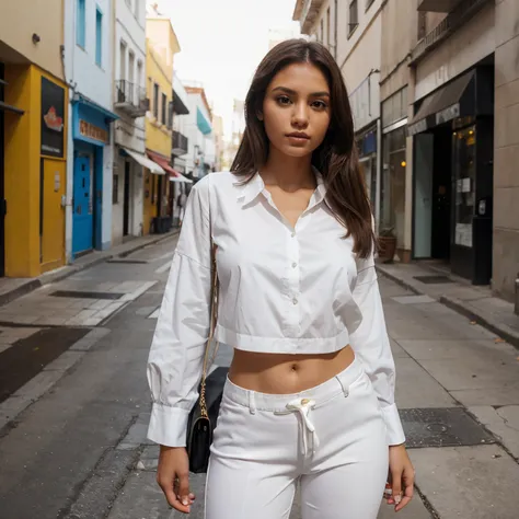 Modelo morena, white blouse and pants.