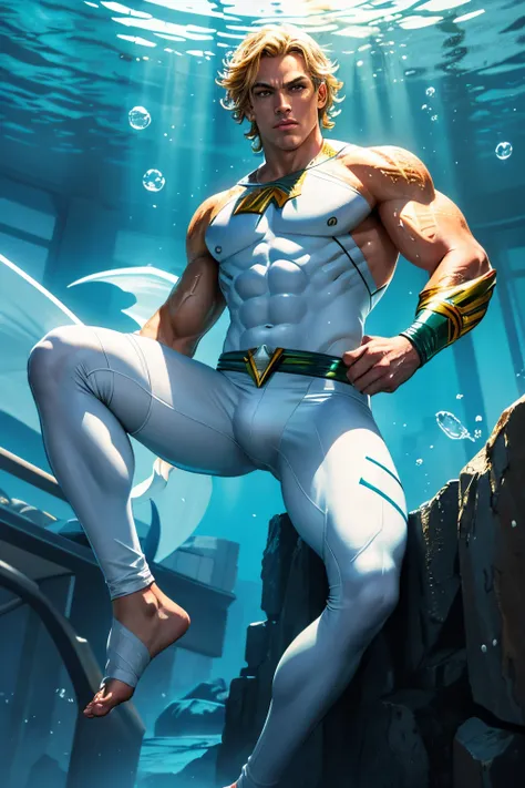 Create a superhero like the CHLORINE-themed male aquaman who has WHITE clothes and WHITE aurea emanating from his eyes, hands and feet