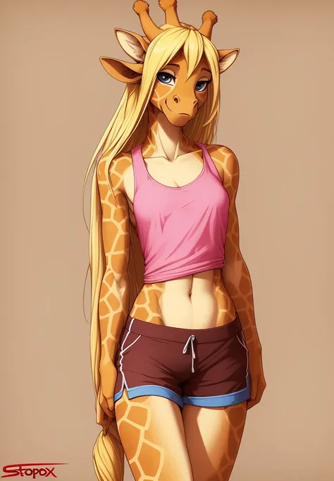 stoopix, by stoopix, anthro, giraffe anthro, naked, 1woman, small breasts, blonde hair, pokies, giraffe horns, solo, long hair, shorts, tank top, front view, giraffe tail, seductive