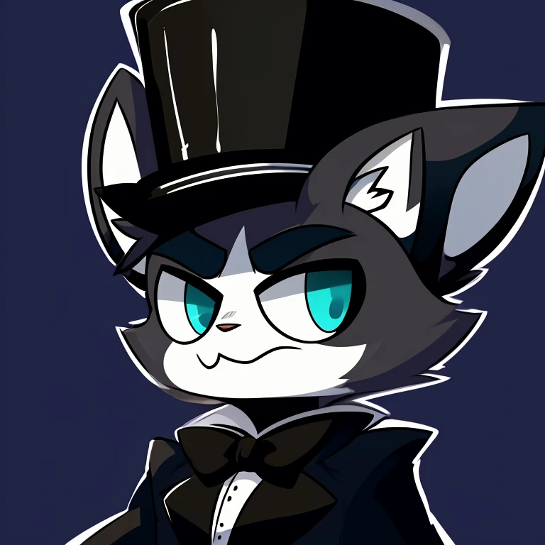 Icon villain felix the black and white cat with a top hat, an dark bakground