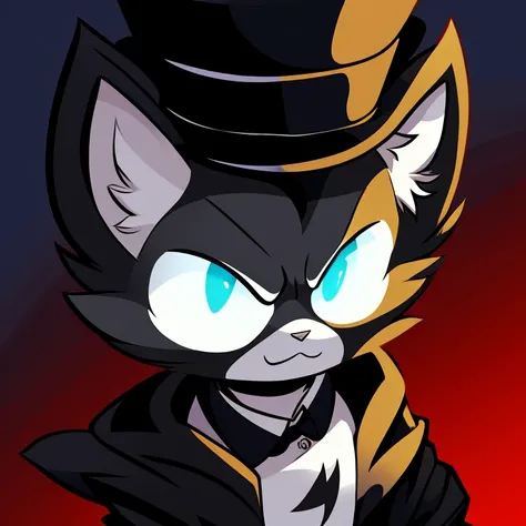 Icon villain felix the black and white cat with a top hat, an dark bakground