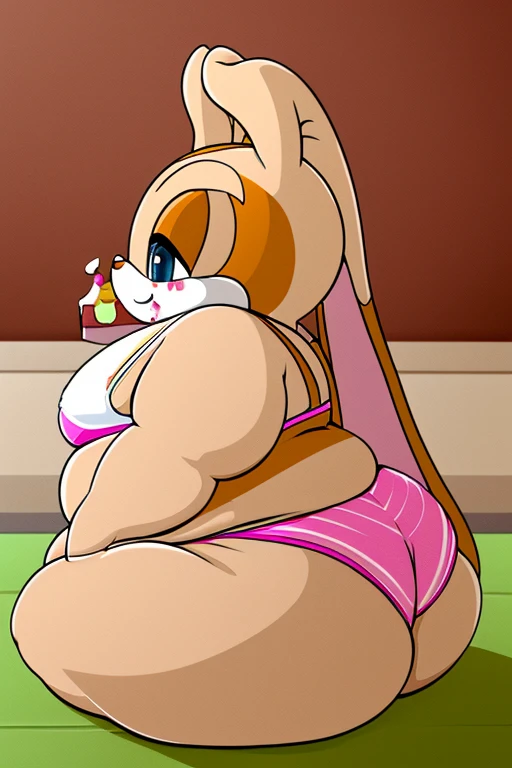 Cream the rabbit, loli, 6 year old girl, (very obese), (very fat face), (double chin), very big belly, wide hips, very big butt, white bra and panties, sitting, eating cake, gluttony, surrounded by cake, messy face, dreamy smile, side view