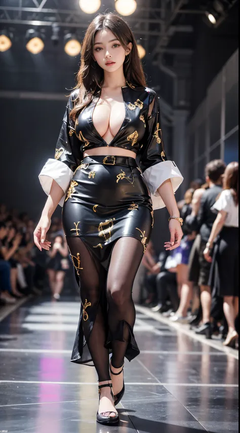 nsfw, 8k, best quality, highres, realistic, real person, A dynamic scene of a female model walking confidently down a runway, surrounded by a large audience under bright lights. The model is elegantly dressed in a high-fashion outfit, with the spotlight fo...