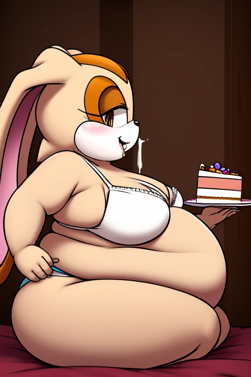 Cream the rabbit, loli, 6 year old girl, (very obese), (very fat face), (double chin), very big belly, wide hips, very big butt, white bra and panties, sitting, eating cake, gluttony, surrounded by cake, messy face, dreamy smile, side view