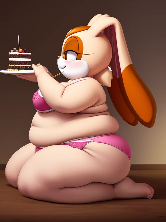 Cream the rabbit, (loli), 6 year old girl, (morbidly obese), (very fat face), (double chin), huge belly, wide hips, huge butt, white bra and panties, sitting, eating cake, gluttony, surrounded by cake, messy face, dreamy smile, side view