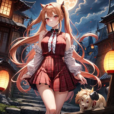 Red-blonde、poneyTail、red eyes、one good looking girl、独奏、animesque、lightly dressed、Plaid miniskirt、wetting hair、Black T-shirt、rotting wood、fullmoon、monster castle、lantern、Meteor swarm、gunpowder