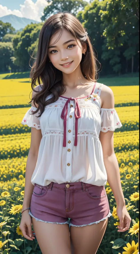 an extremely beautiful girl, with intrinsic details, totally out of the ordinary, with a beautiful smile, wearing a beautiful shorts and blouse, in a flower field, alone, on a sunny summer day, ((always repeat the same face))