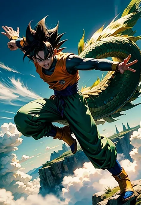 Personajes de Dragon Ball Z, floating around the Green Dragon in the blue sky, HD, Alta calidad