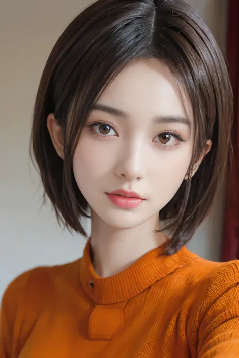 masuter piece, in 8K, Photorealsitic, Raw photography, top-quality, (1girl in), 美丽的面容, (Lifelike face), (A dark-haired), (short-hair, Beautiful hairstyle, Realistic eyes, A detailed eye, (real looking skin), Beautiful skins, (orange sweater), enticing, 超A ...