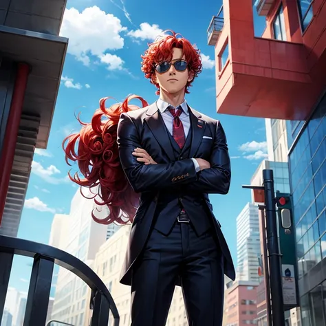 Create an anime character wearing a suit and sunglasses with arms crossed and curly red hair