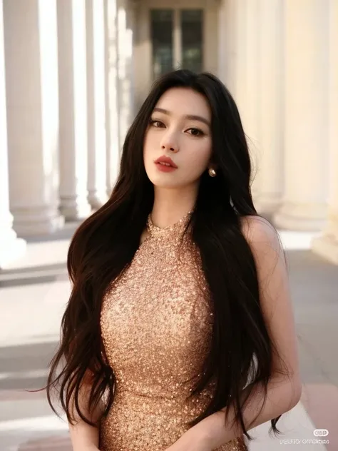 uma mulher em um vestido dourado posando para uma foto, linda mulher coreana jovem, Mulher sul-coreana bonita, Asian girl with long hair, mulher coreana jovem bonita, menina coreana, Mulher coreana, Modelo de moda feminina coreana, Heonhwa Choe, com cabelo...