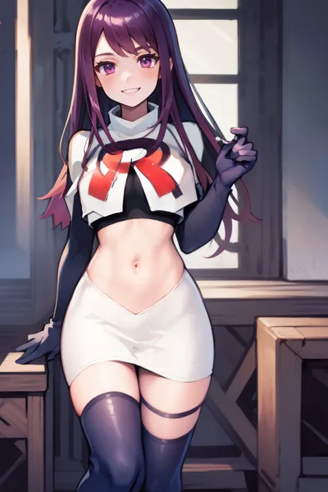 ivy fe purple eyes, purple hair, team rocket uniform, red letter R, white skirt,white crop top,black thigh-highs,black elbow gloves, smile, show teeth,