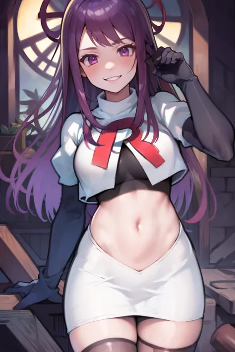 ivy fe purple eyes, purple hair, team rocket uniform, red letter R, white skirt,white crop top,black thigh-highs,black elbow gloves, smile, show teeth,