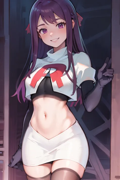 ivy fe purple eyes, purple hair, team rocket uniform, red letter r, white skirt,white crop top,black thigh-highs,black elbow glo...