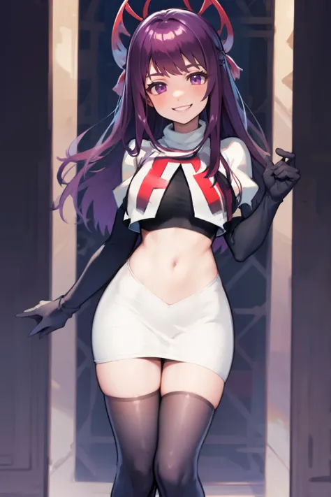 ivy fe purple eyes, purple hair, team rocket uniform, red letter r, white skirt,white crop top,black thigh-highs,black elbow glo...