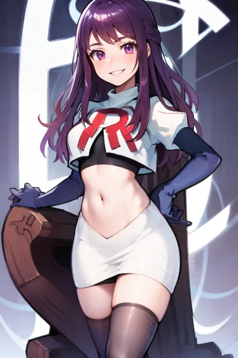 ivy fe purple eyes, purple hair, team rocket uniform, red letter R, white skirt,white crop top,black thigh-highs,black elbow gloves, smile, show teeth,