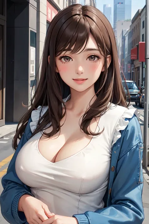 1lady, solo, mature female, brown hair, parted bangs, brown eyes, blush kind smile, (masterpiece, best quality:1.2) delicate illustration, ultra-detailed, large breasts, cleavage, upper body, white top under blue jacket, street