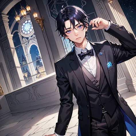 1 boy,handsome,blue-black hair,violet eyes,silver freckles,wearing a regal black tuxedo,night time,castle