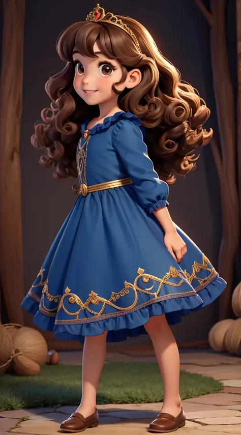 Various full body image profile pose. small child, tree-year-old girl, curly brown hair, brown eyes, charming smile, wearing a dark blue dress, fairytale princess style.