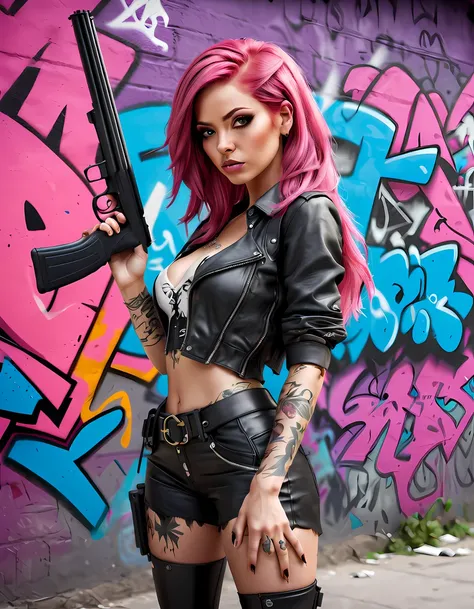 ((GTA5 drawing style)), captivating lady, ((standing in a provocative post against a graffiti-covered wall)) (holding a shotgun) (((looking at the viewer))), confidence and allure, stylish gothic attire, unique personality, vibrant flowing pink hair, (hand...